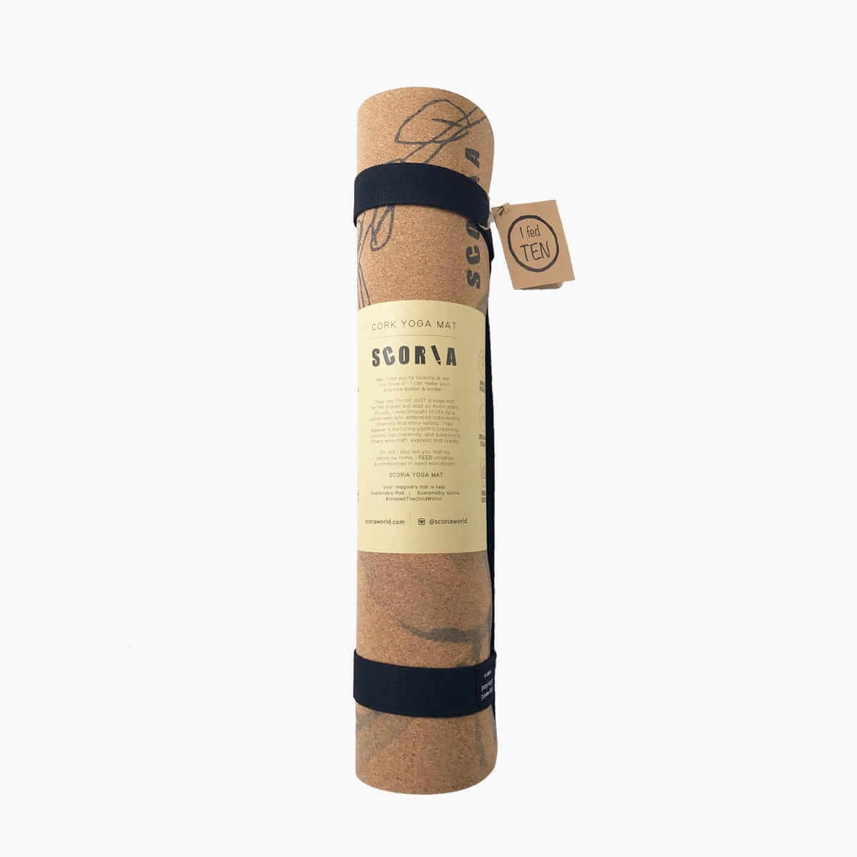 Cork yoga mat with black straps and branding on a white background