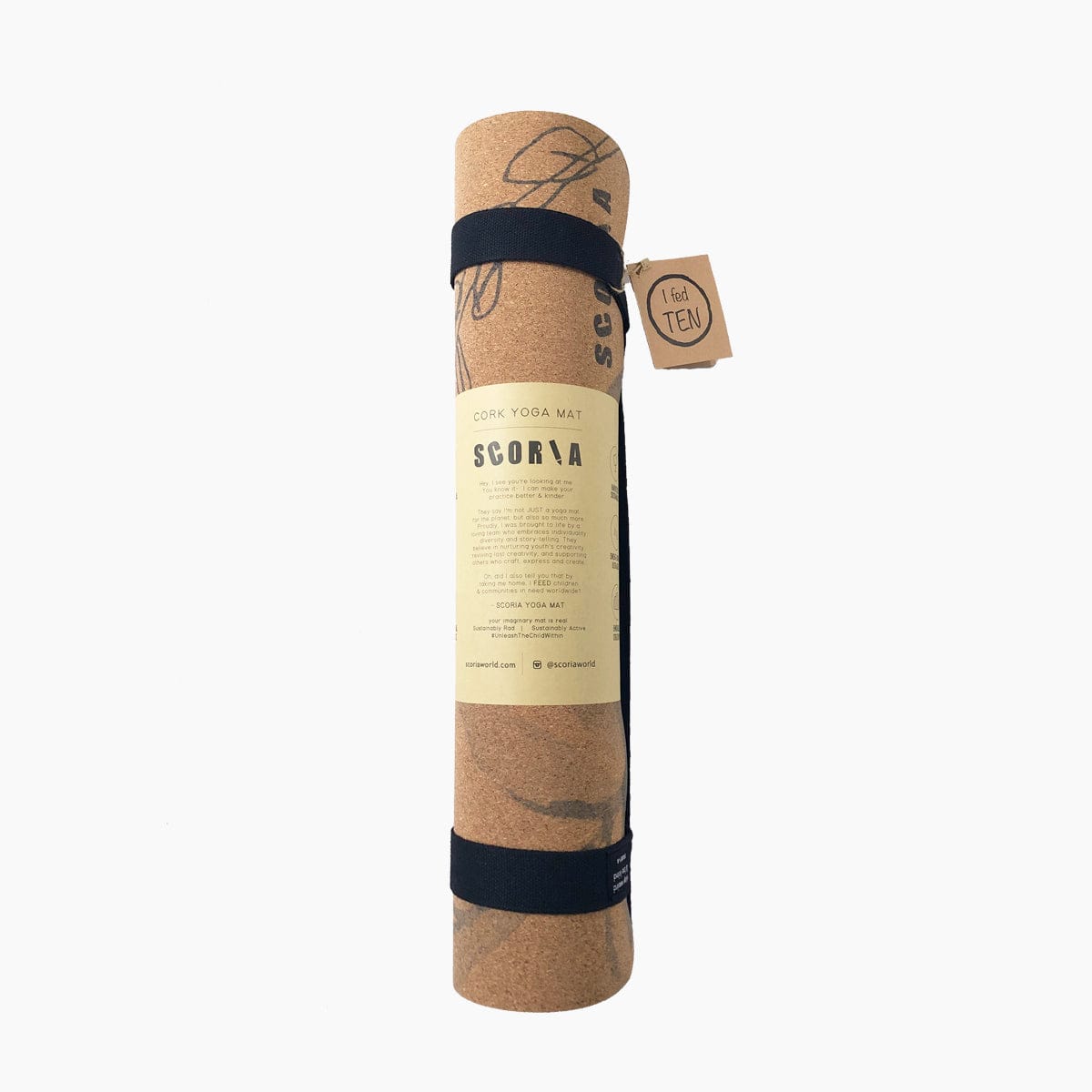 Yoga mat with floral design rolled-up on a white background