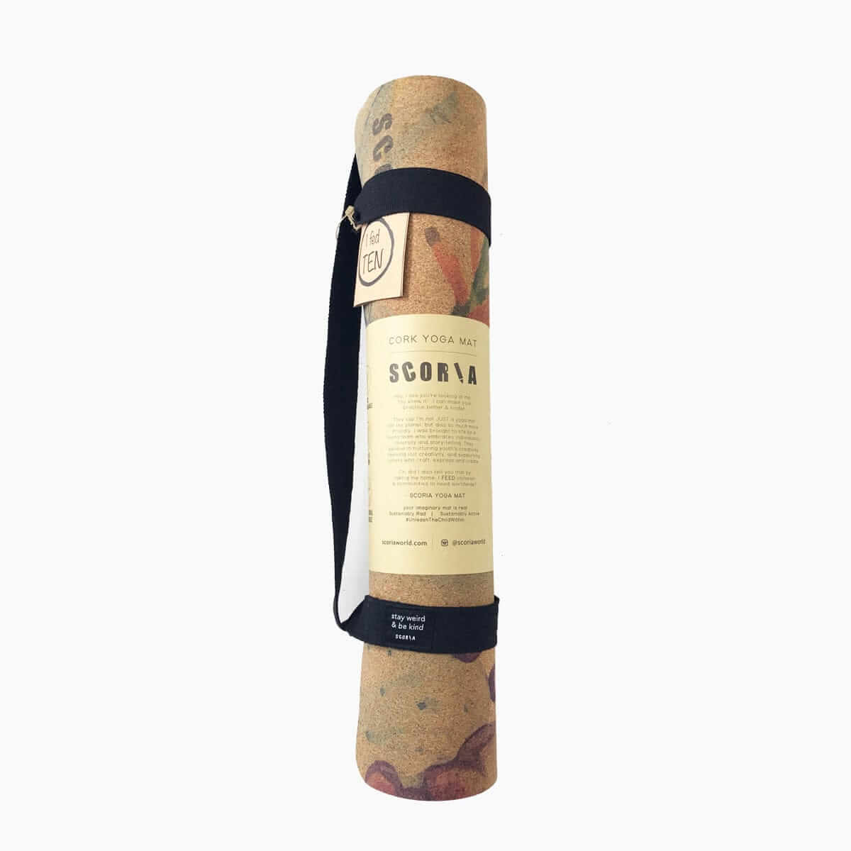 Cork yoga mat with a strap on a white background