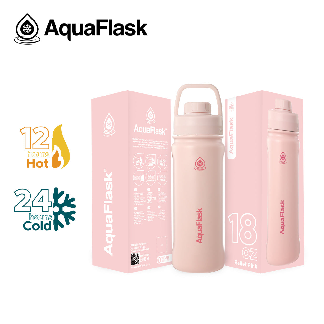 pink AquaFlask Original 530ml showing full colour range and design options