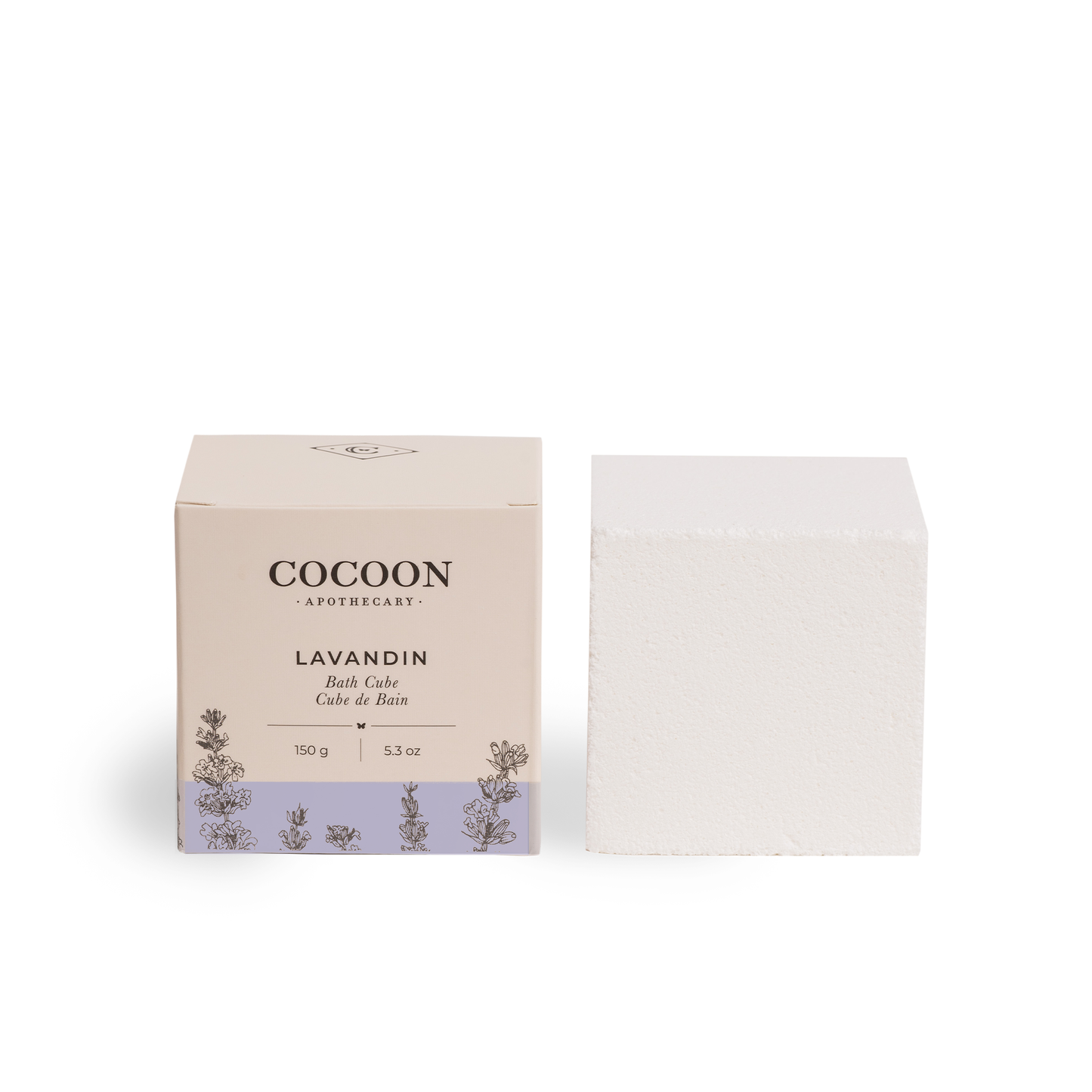 Cocoon Apothecary Lavandin bath bomb cube with packaging on a white background