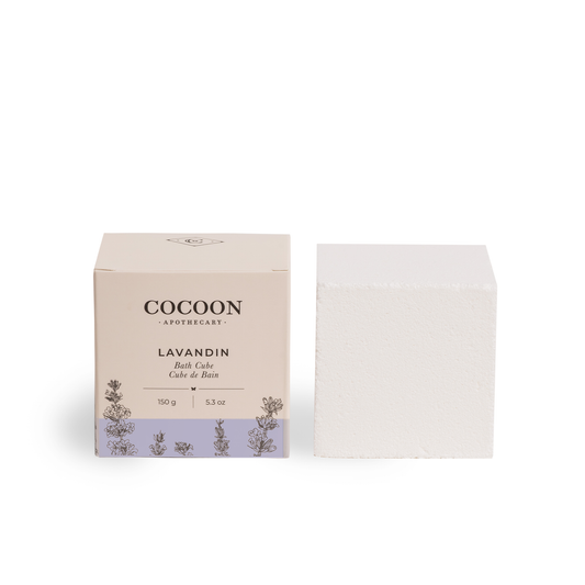 Cocoon Apothecary Lavandin bath bomb cube with packaging on a white background