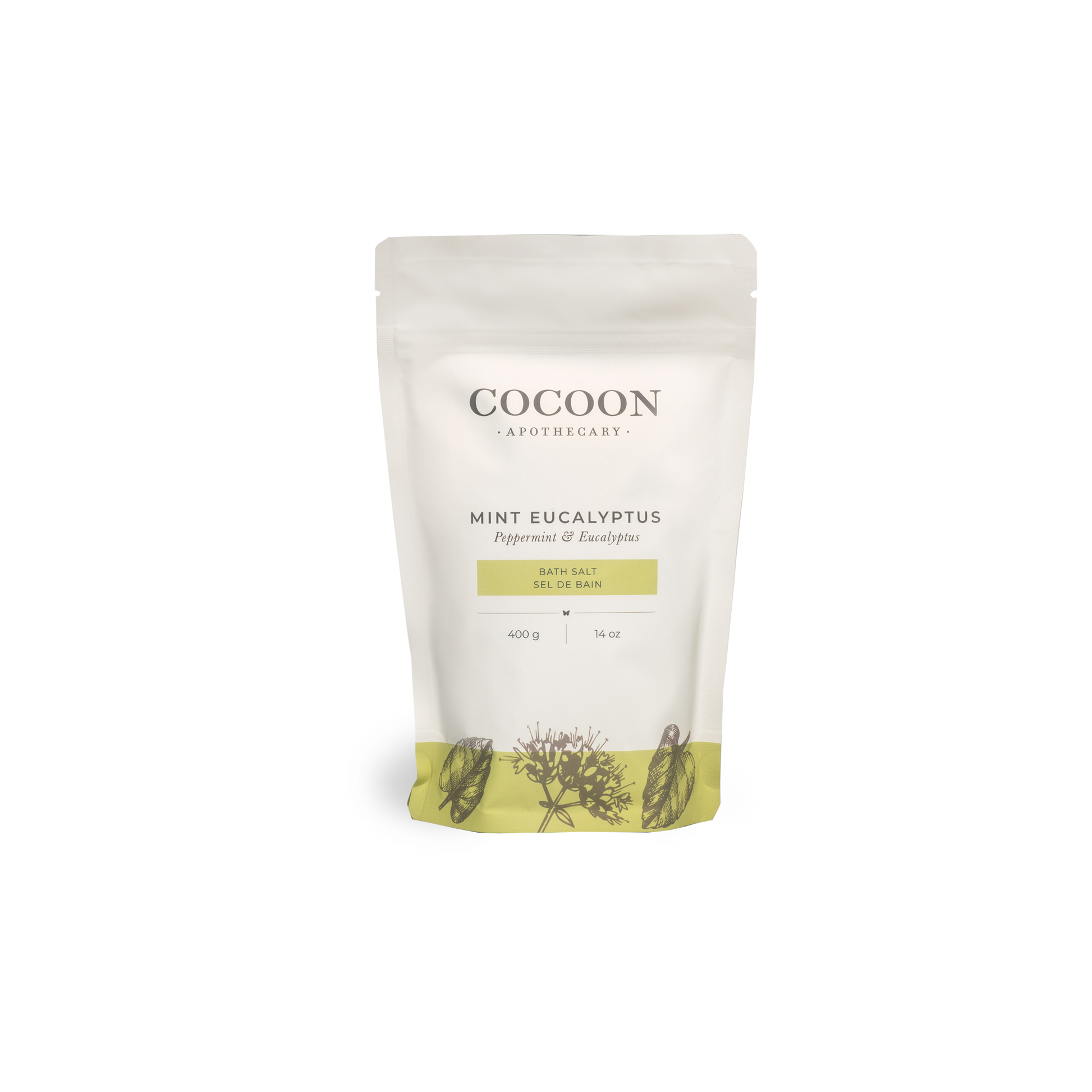 Cocoon Apothecary Mint Eucalyptus bath salt package on a white background