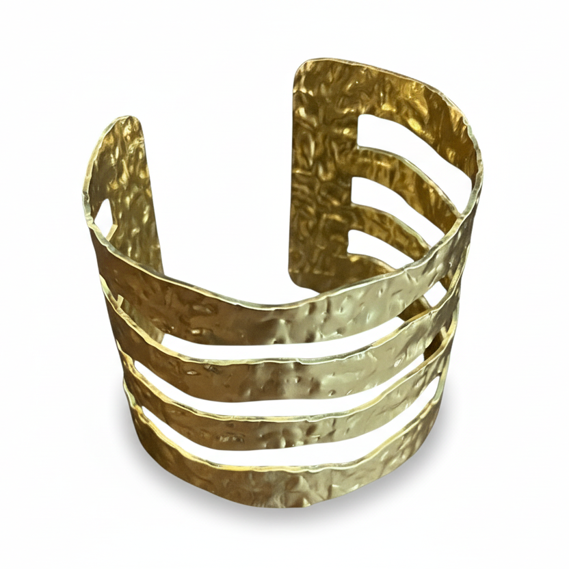Wide gold bar cuff bracelet statement artisan jewelry close up