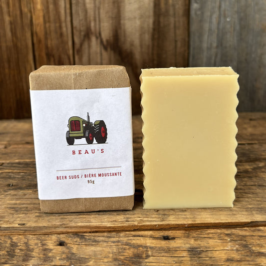 Beer suds natural bar soap handmade in Canada — cold process soap made with Beau's All Natural Beer, light doughy scent, 90g