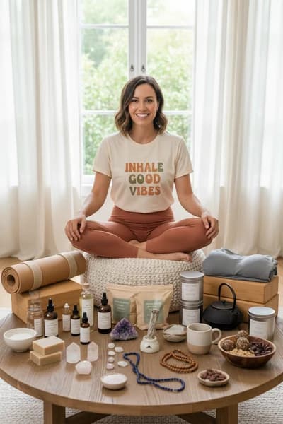 Woman sitting in a meditative pose surrounded by wellness items in a bright room.