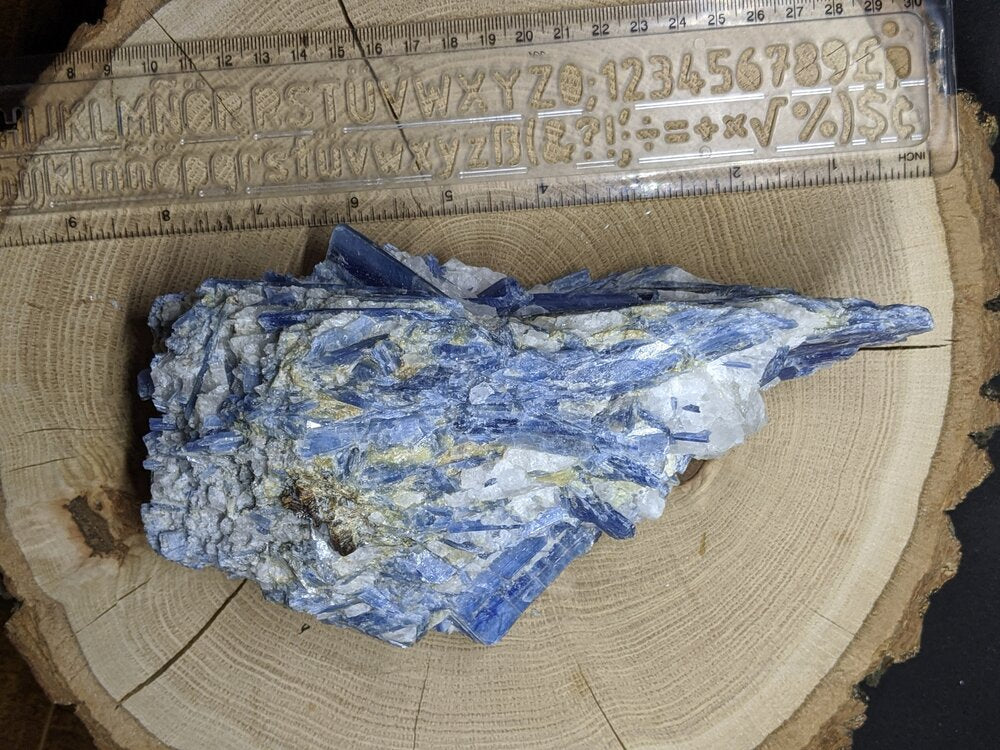 Natural blue kyanite chunk close-up showing natural blade-like crystal formation