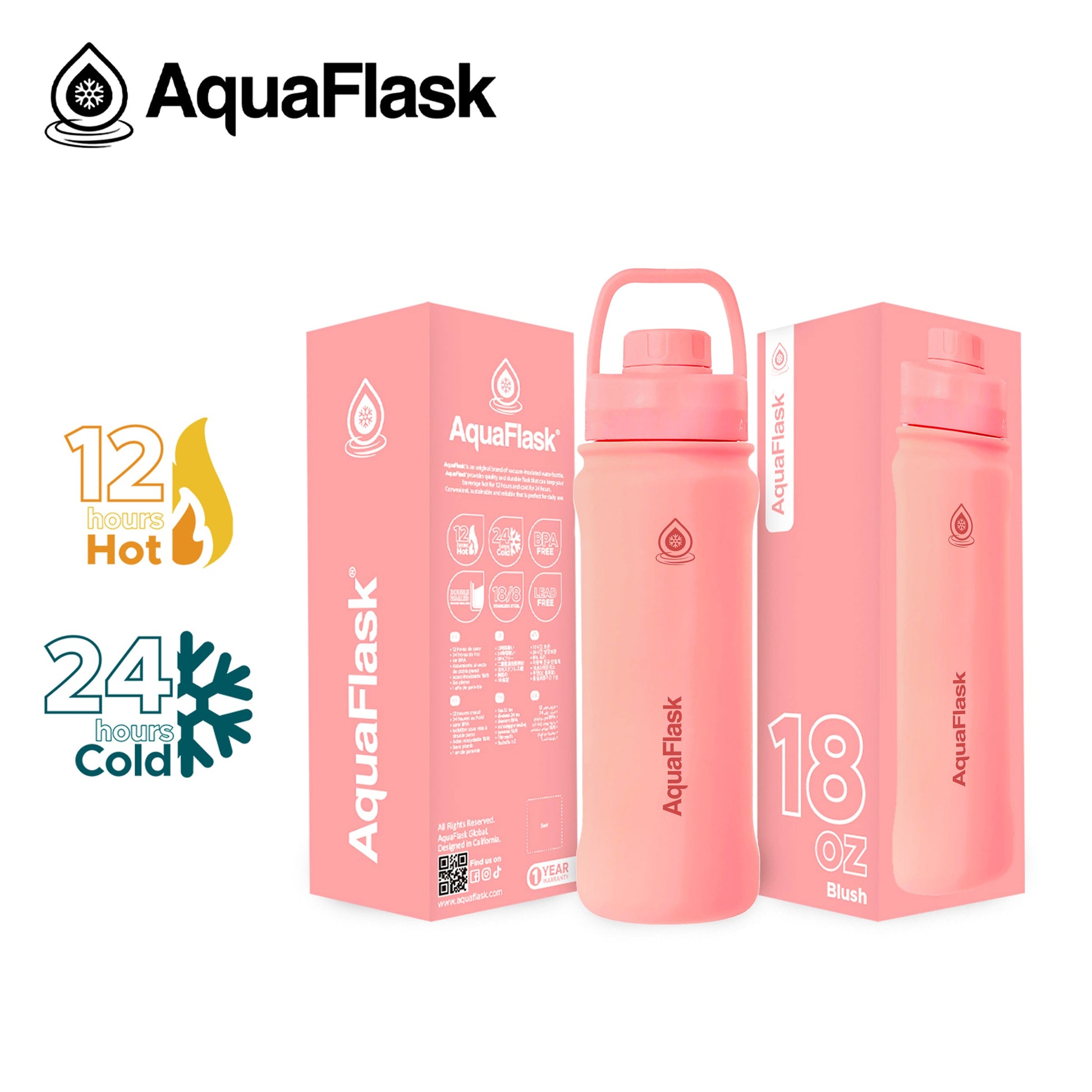 pink AquaFlask Original 530ml showing wide mouth opening for easy filling