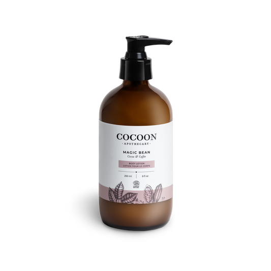 Brown bottle of Magic Bean Body Lotion with pump and 'Cocoon' label on a white background