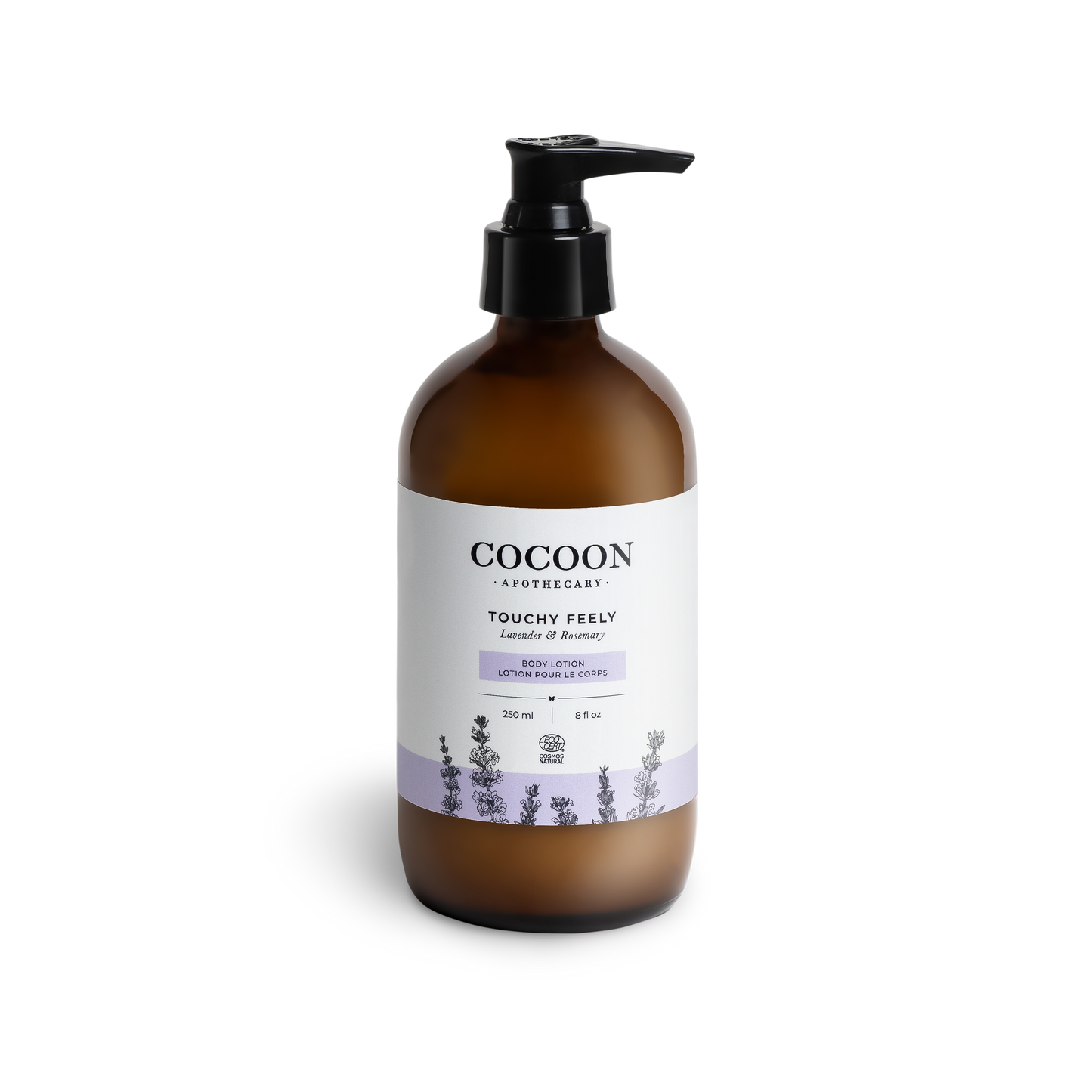 Brown bottle of Touchy Feely Body Lotion with pump and 'Cocoon' label on a white background