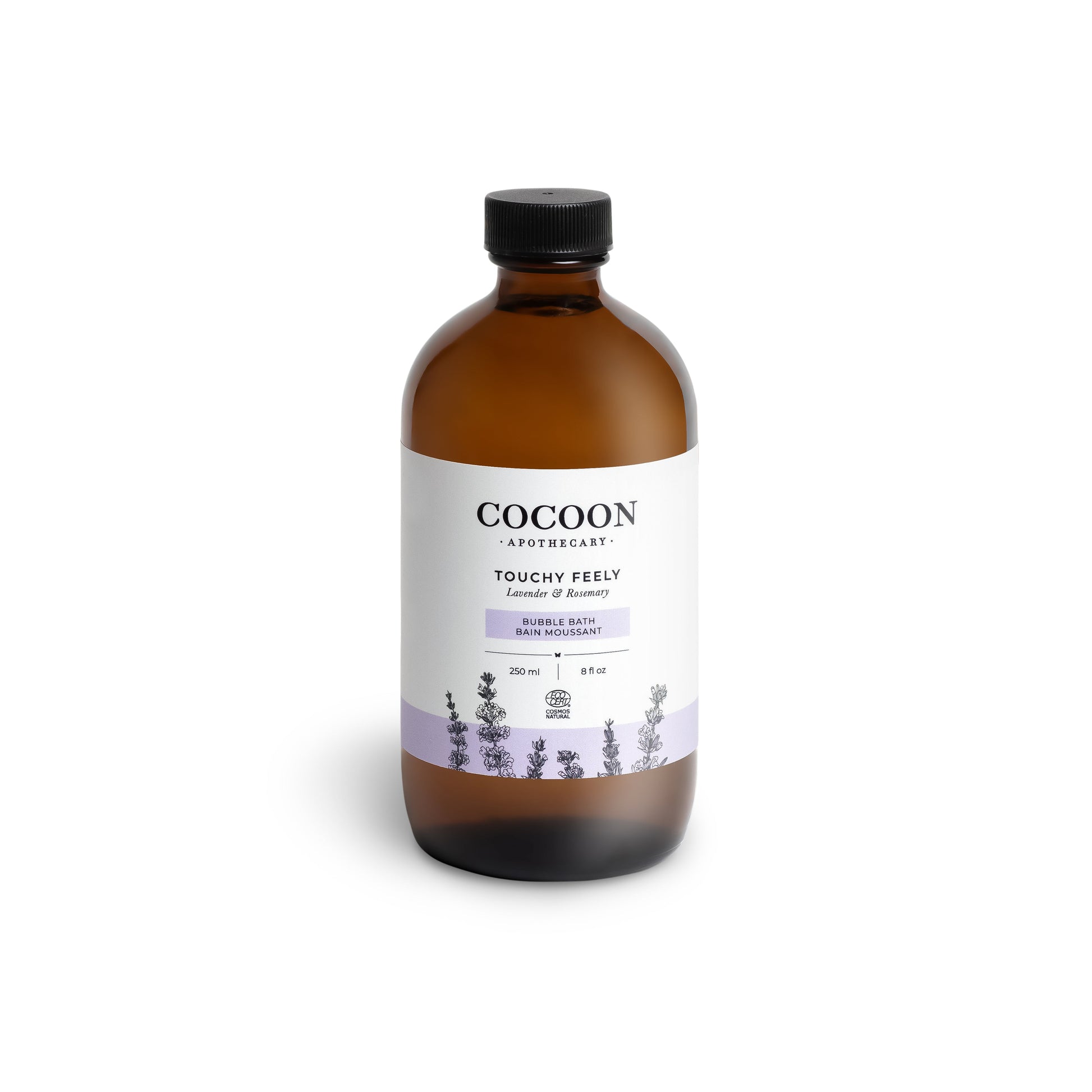 Amber bottle of Cocoon Apothecary Touchy Feely Lavender & Balsam bubble bath on a white background