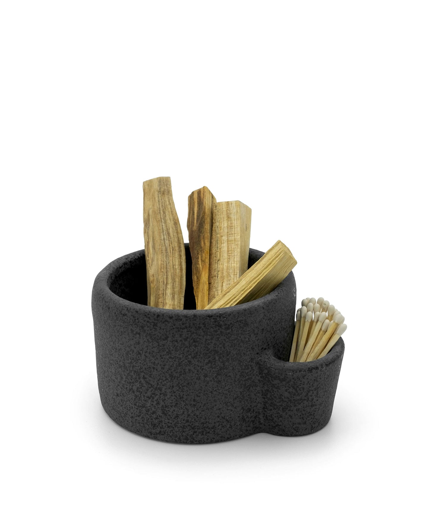 Vulcan ceramic bowl incense stick holder with wooden sticks and toothpicks on a white background