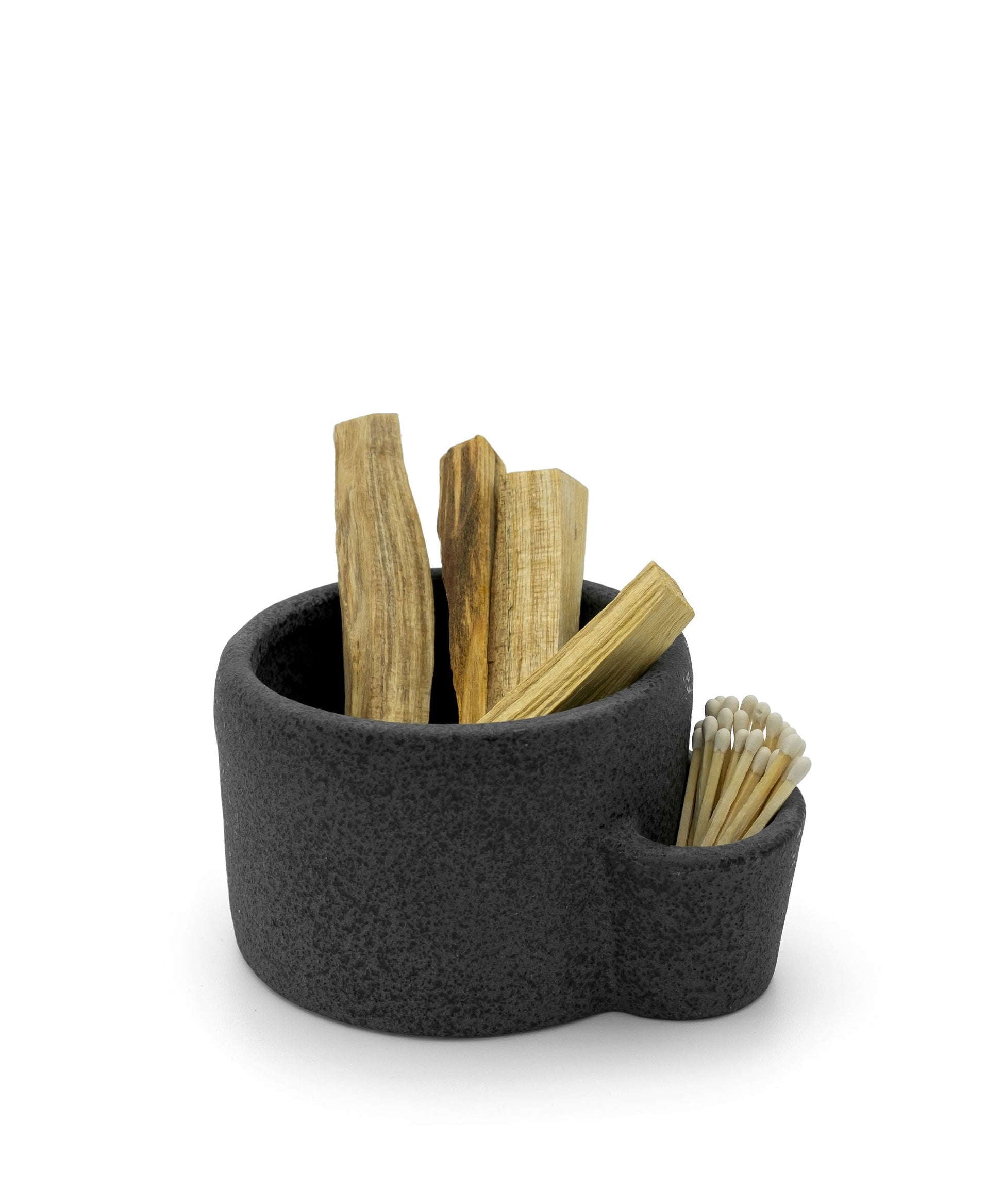 Vulcan ceramic bowl incense stick holder with wooden sticks and toothpicks on a white background