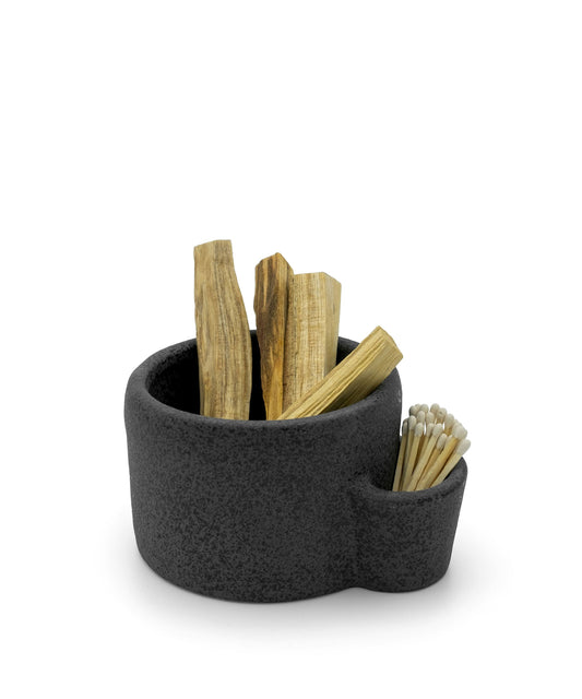 Vulcan ceramic bowl incense stick holder with wooden sticks and toothpicks on a white background
