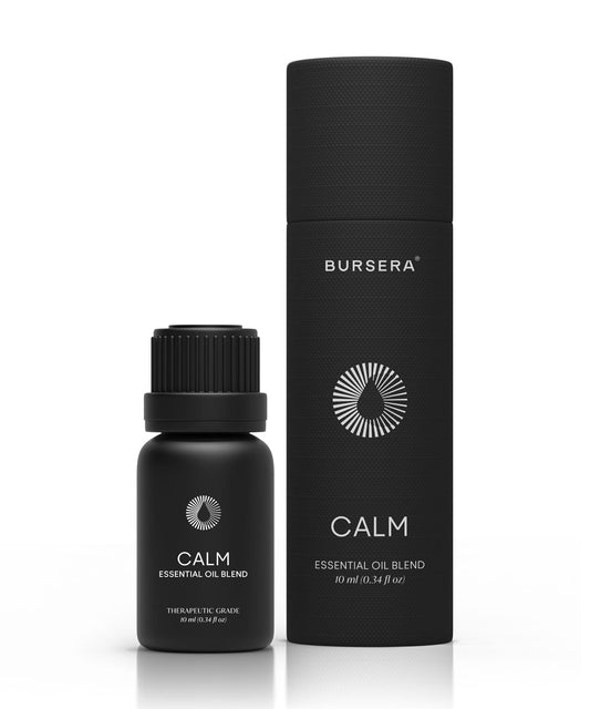 calm essential oil blend aromatherapy and packaging with 'Bursera' branding on a white background