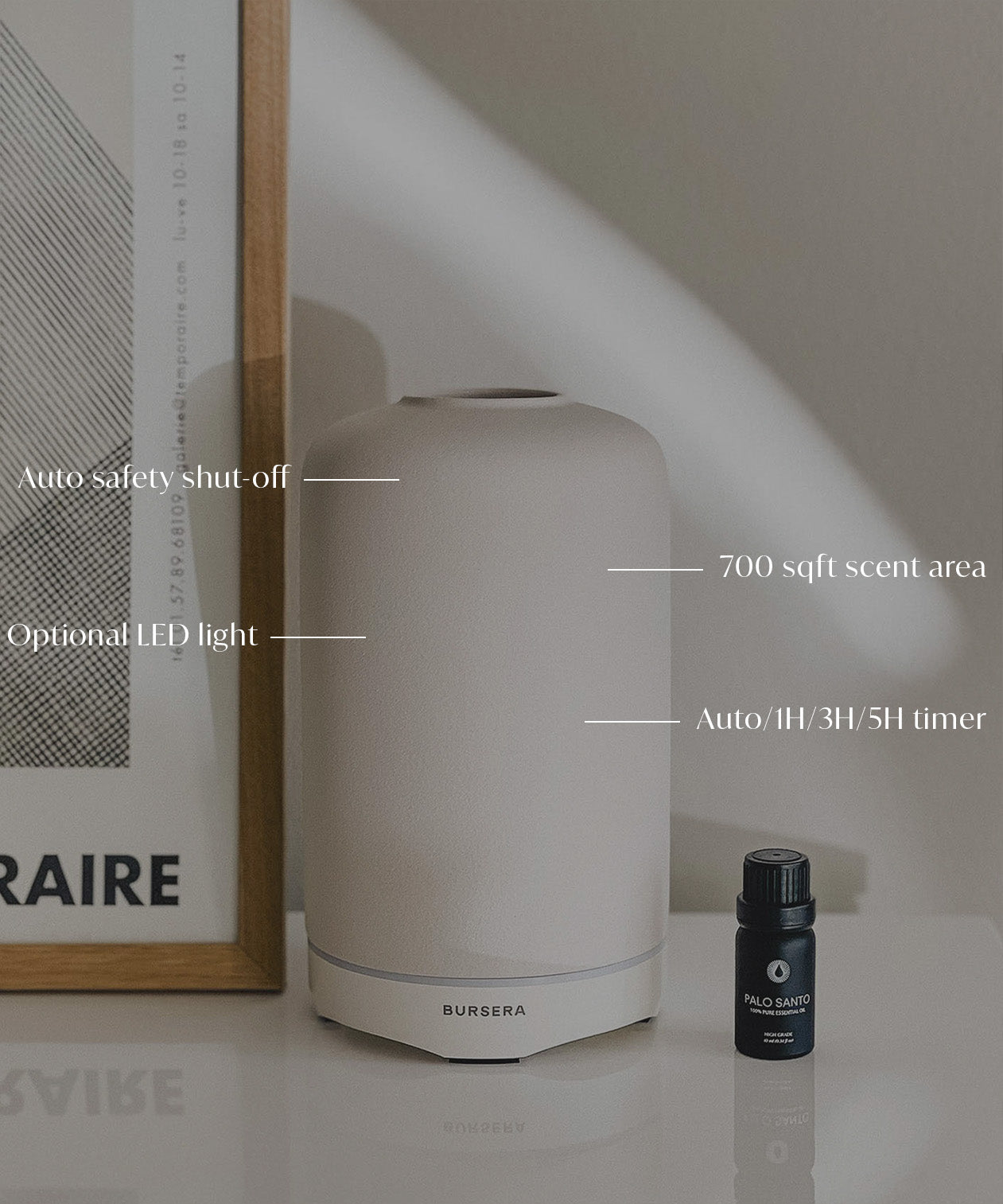 white essential oil diffuser aromatherapy home decor with labeled features on a surface next to a framed picture and bottle.