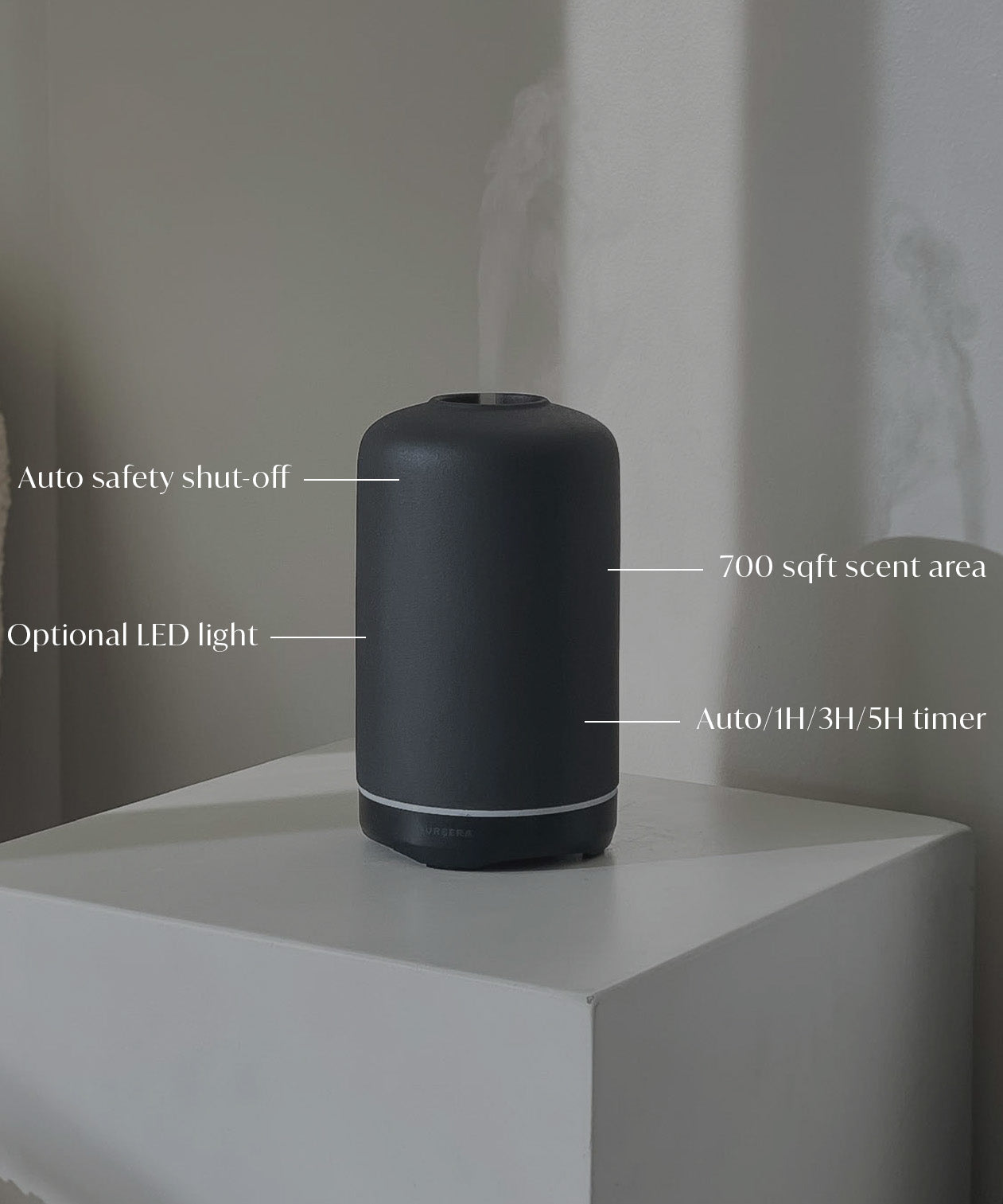 ash essential oil diffuser aromatherapy home decor on a white surface with features labeled