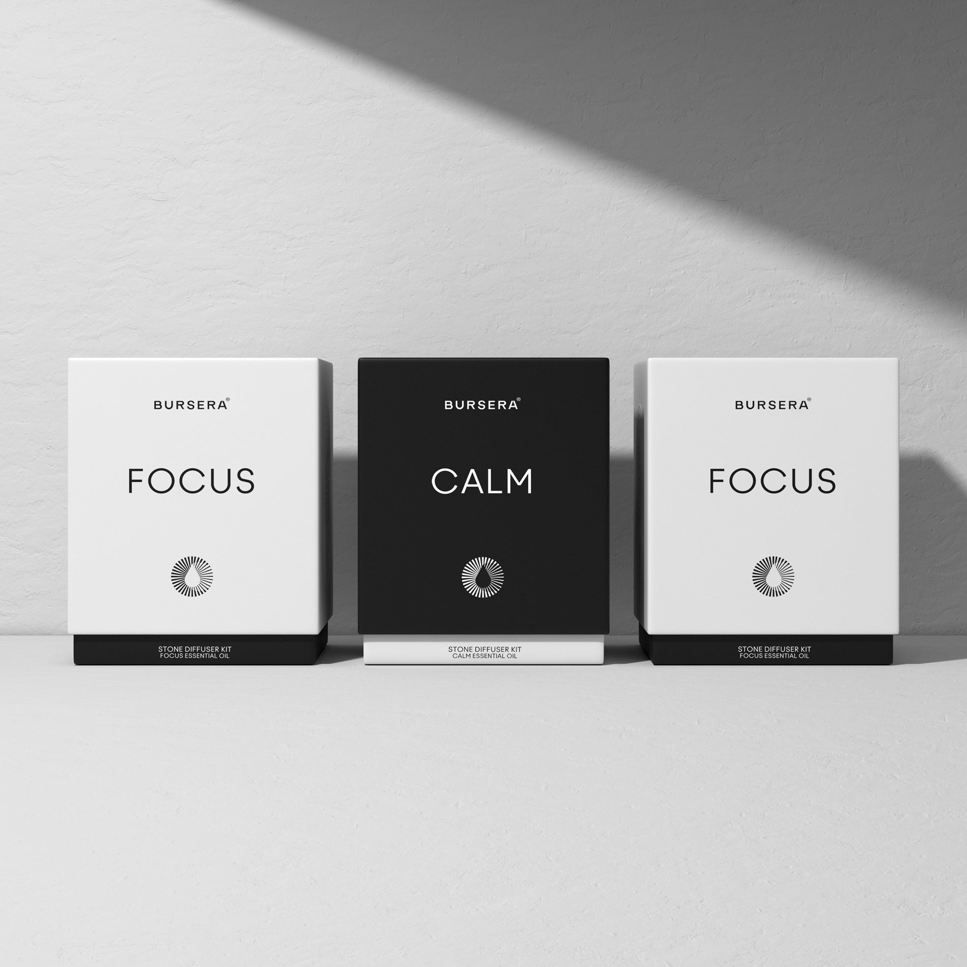 Three boxes labeled 'Focus', 'Calm', and 'Focus' by BURSERA on a light gray background.