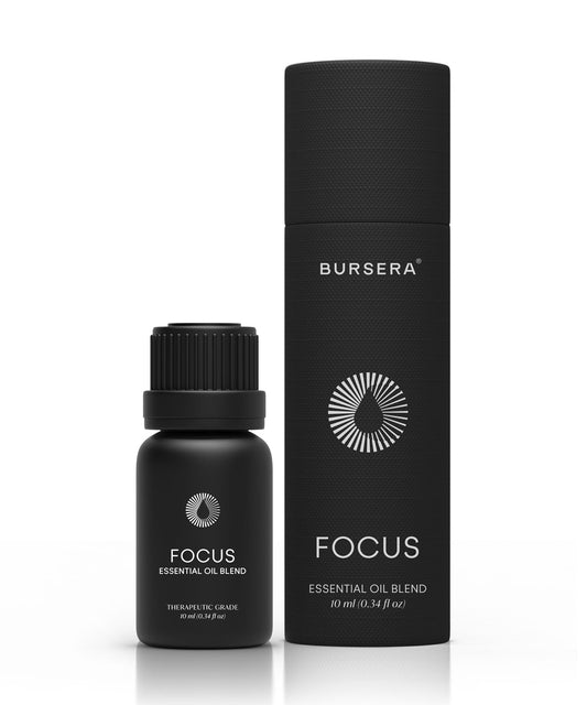 focus essential oil blend aromatherapy and packaging with 'Bursera' branding on a white background