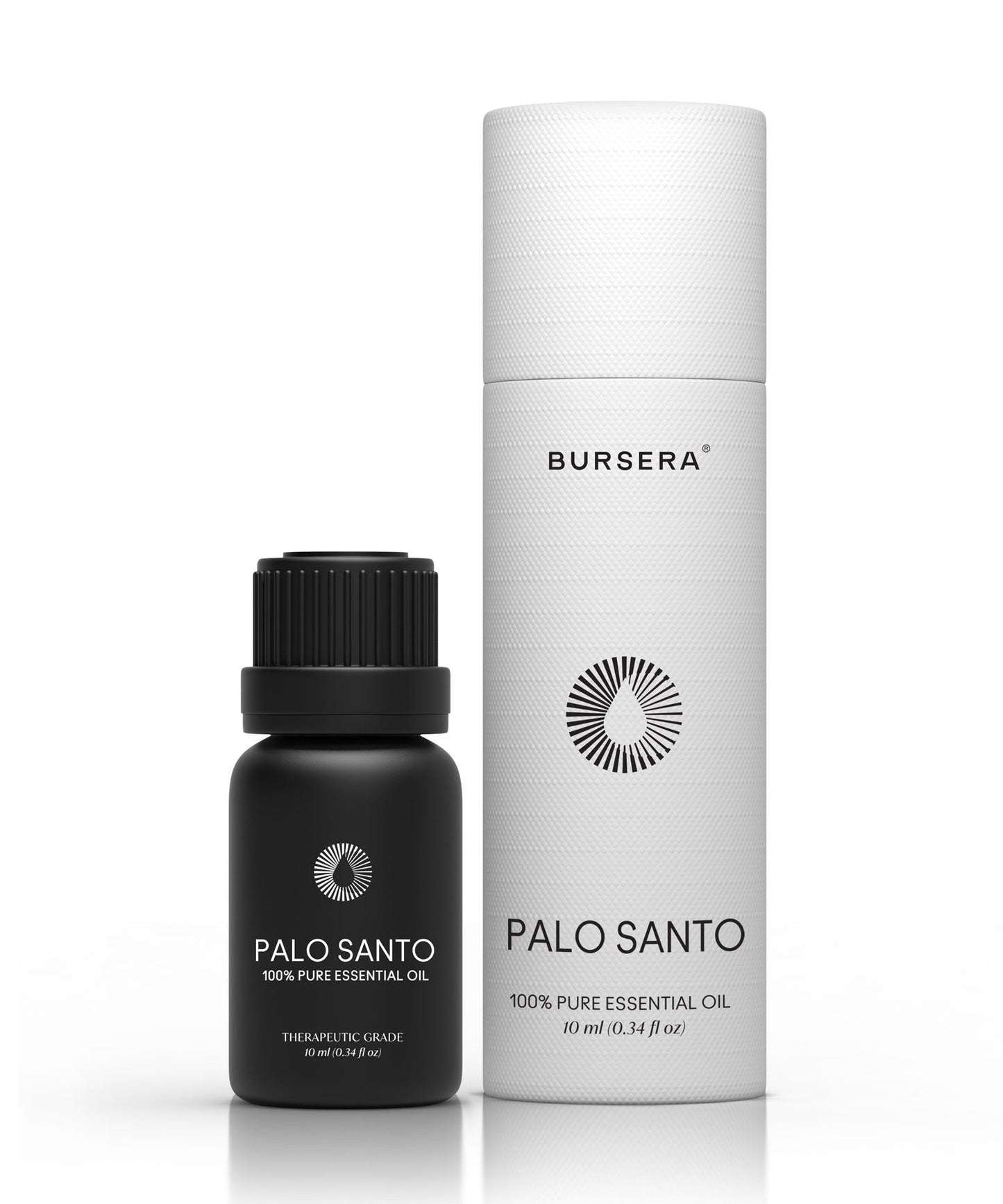 organic palo santo essential oil aromatherapy and packaging on a white background