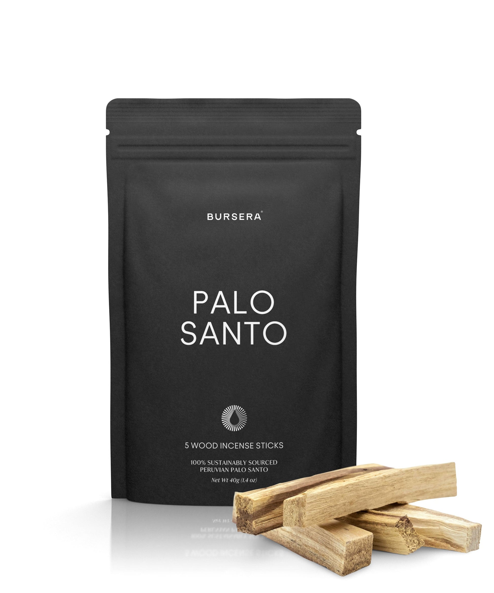 Black package of Bursera Palo Santo incense sticks on a white background