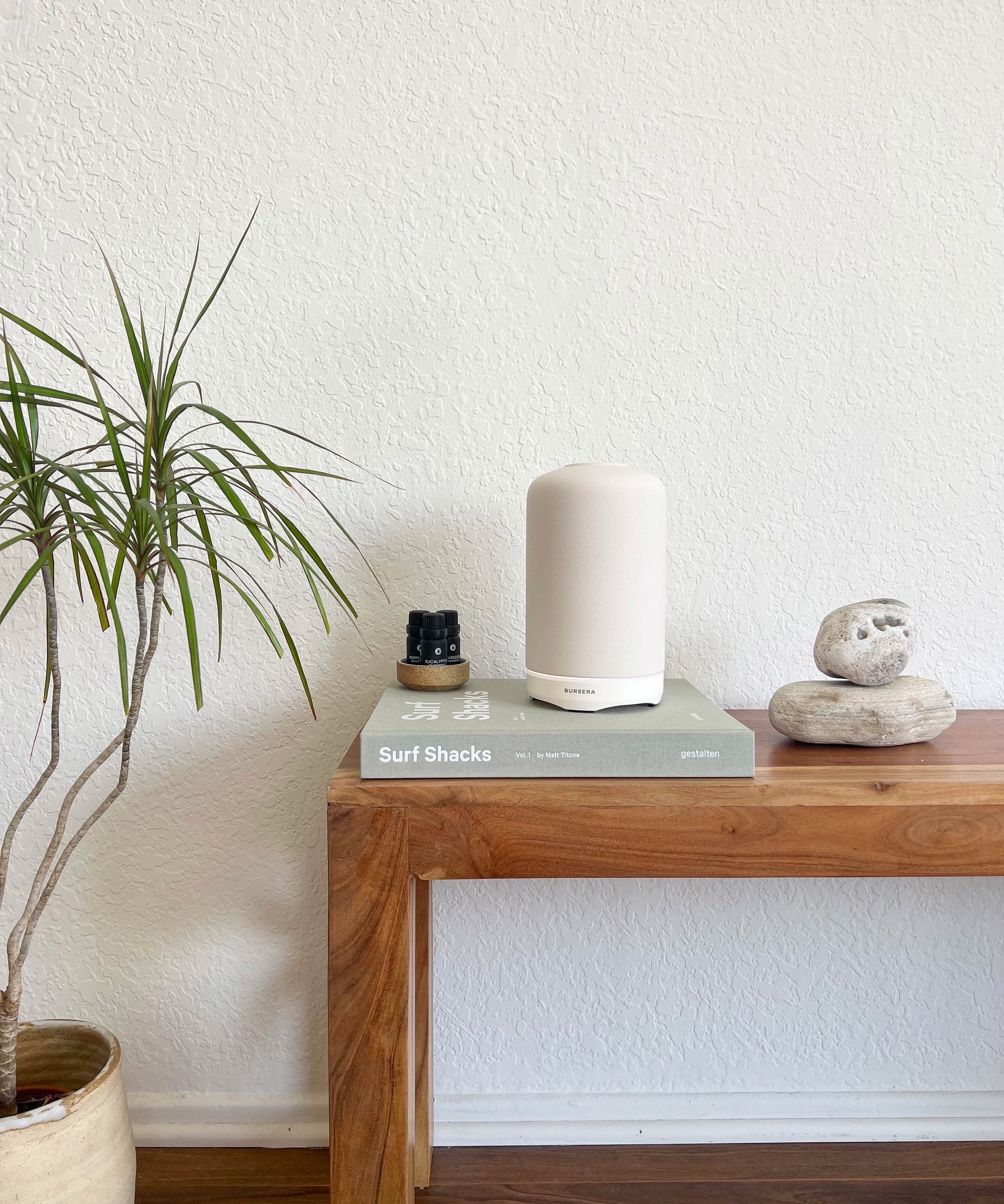 white essential oil diffuser aromatherapy home decor on a wooden table with a plant and books in the background