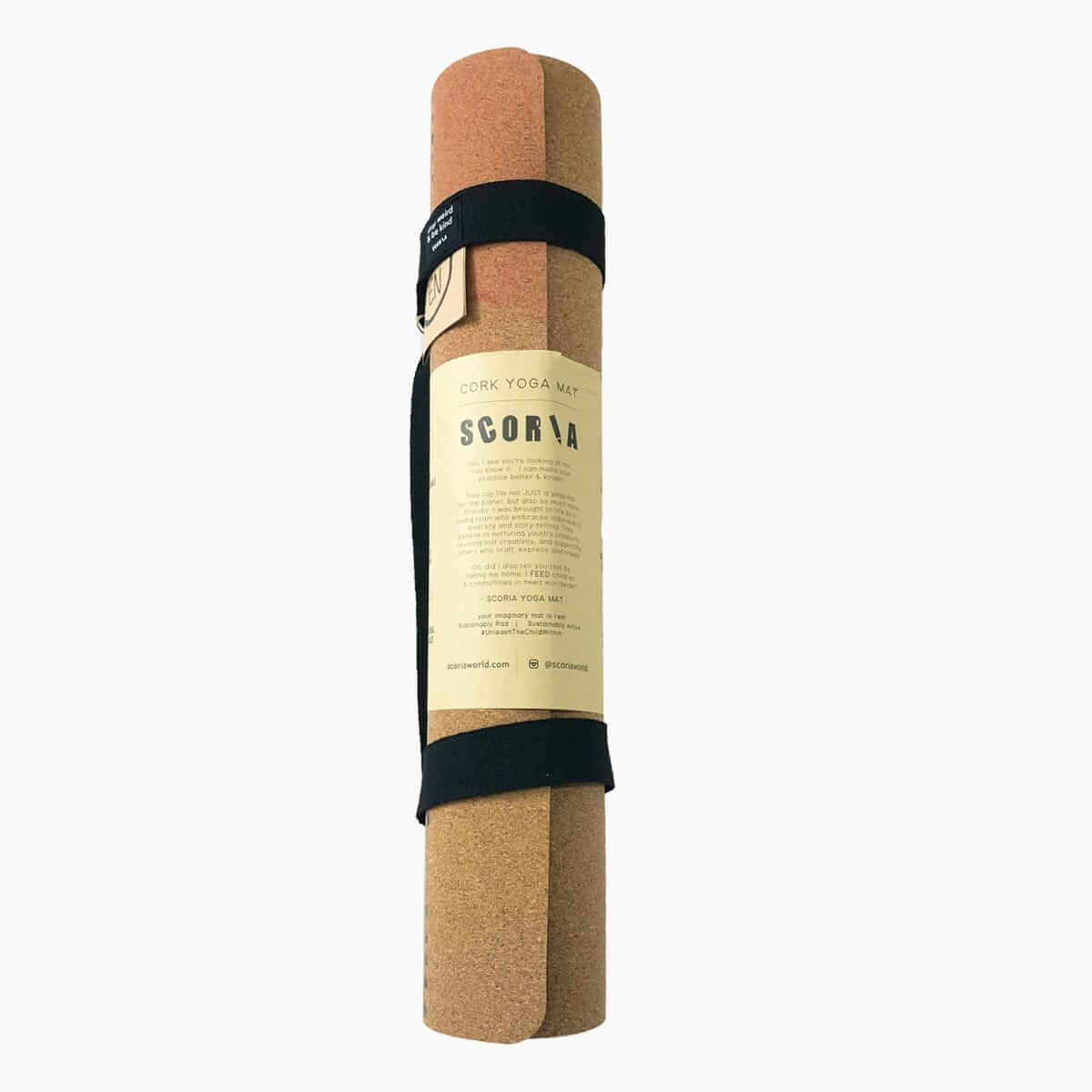 Cork yoga mat with Scoria branding on a white background