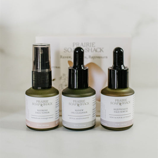 Nourishing mini skincare trio with cleanser, toner and serum for radiant skin
