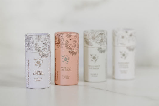 Nourishing lip balm four-pack with rose hip, raspberry vanilla, peony and wild mint