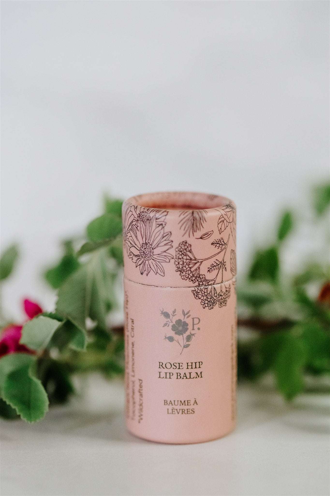 Natural rose hip lip balm close-up showing artisan handcrafted detail