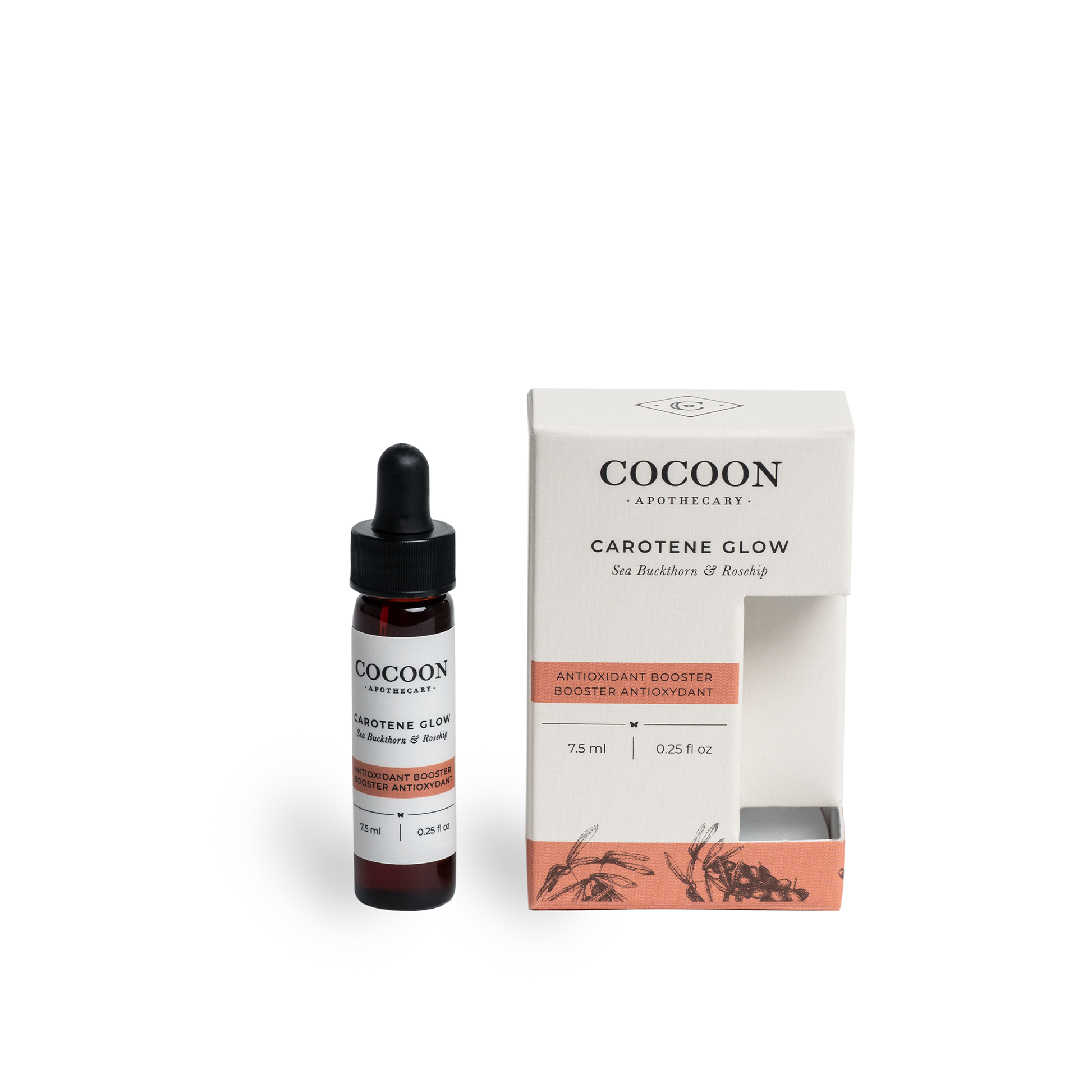 Cocoon Carotene Glow Antioxidant Booster Skincare Product with dropper and packaging on a white background