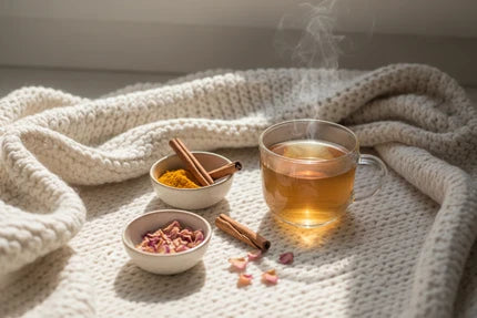 A clear glass mug filled with steaming amber tea sits on a cream knit blanket, surrounded by small bowls of cinnamon sticks, turmeric, and dried rose petals.
