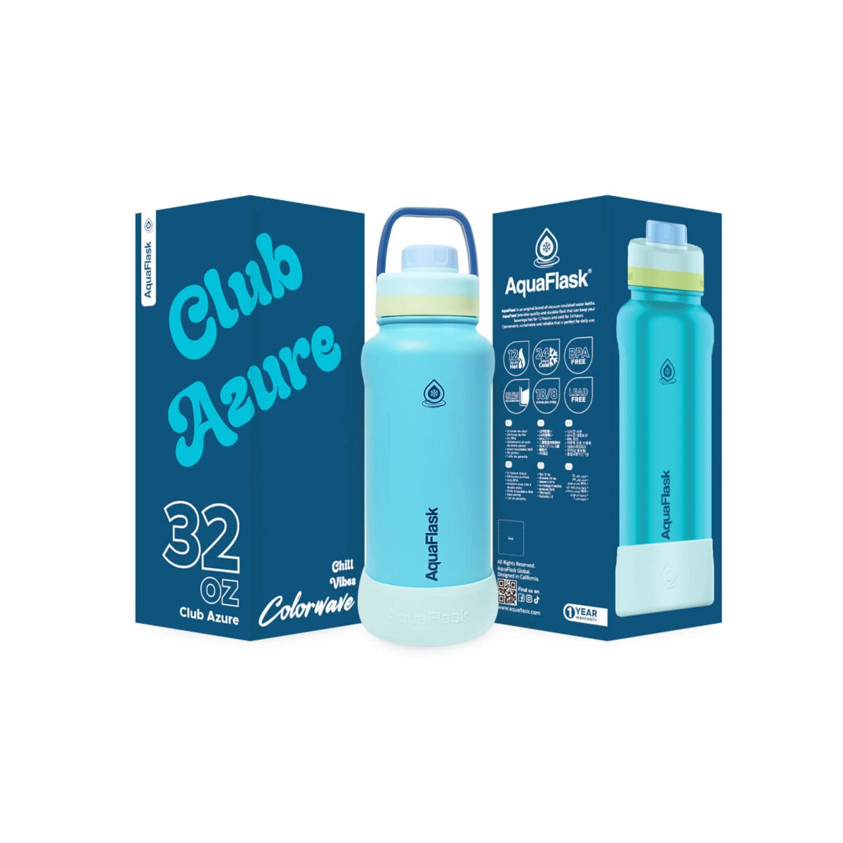 blue AquaFlask Colorwave 32oz showing wide mouth opening for easy filling