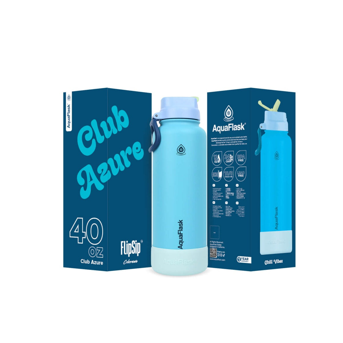 blue AquaFlask Colorwave 40oz showing colour variants and lid detail