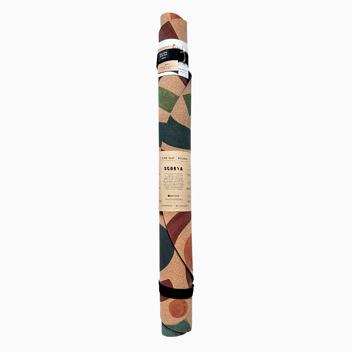 rolled-up Round cork mat with colorful wavy pattern and a strap 