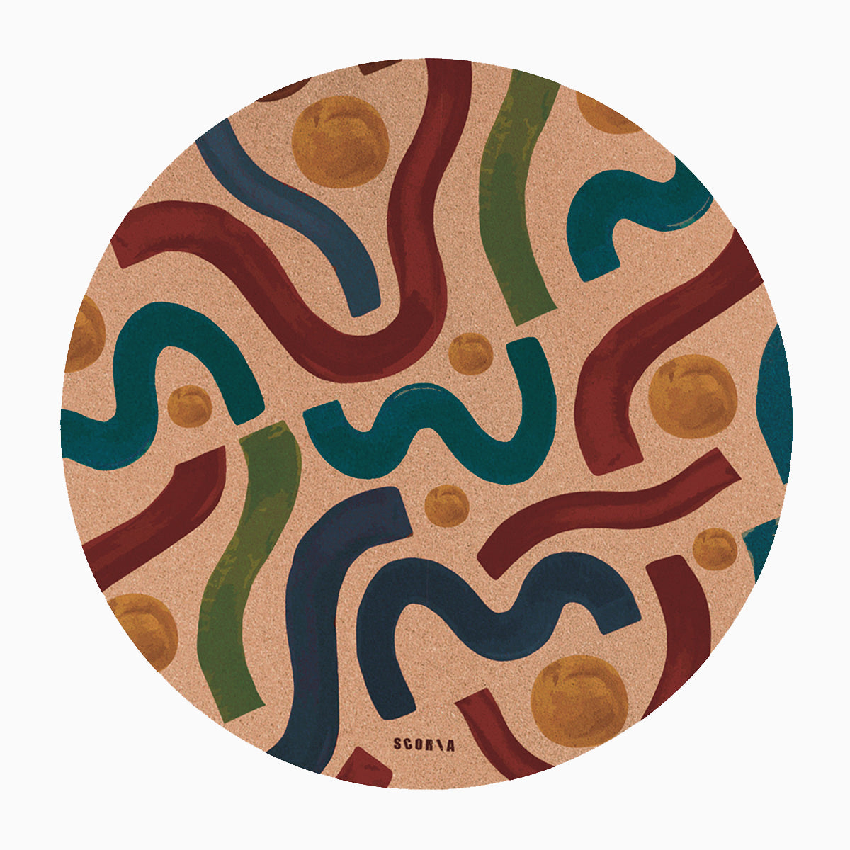 Round cork mat with colorful wavy pattern on a beige background