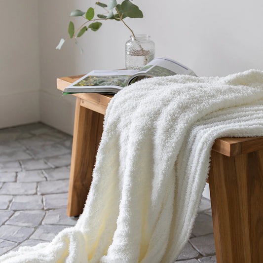 White Ribbed Extended Throw Blanket — Lightweight Plush