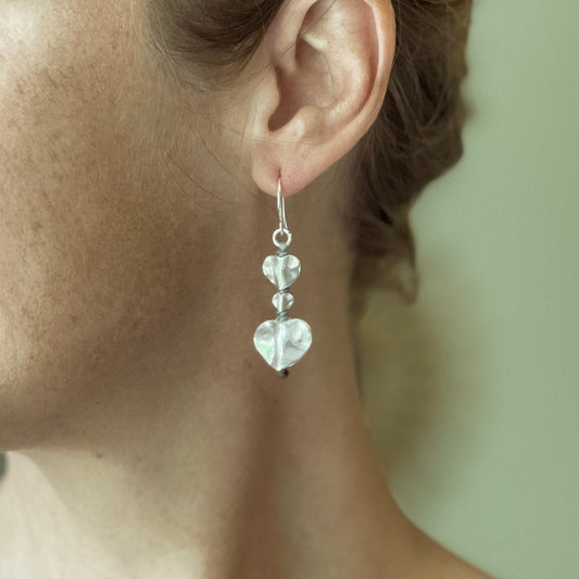 Silver plate double drop heart earrings dangle romantic jewelry in womans ear