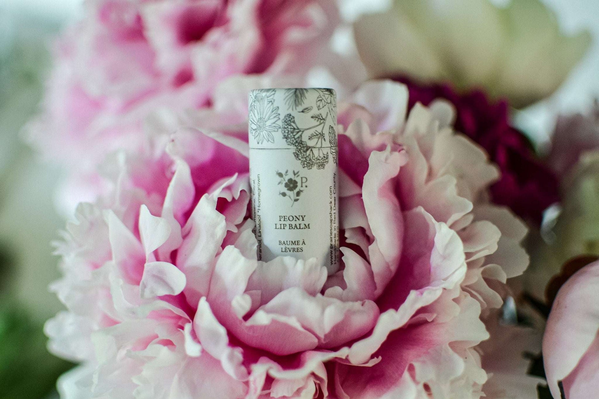 peony lip balm inside of a flower