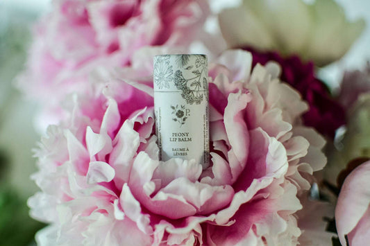peony lip balm inside of a flower