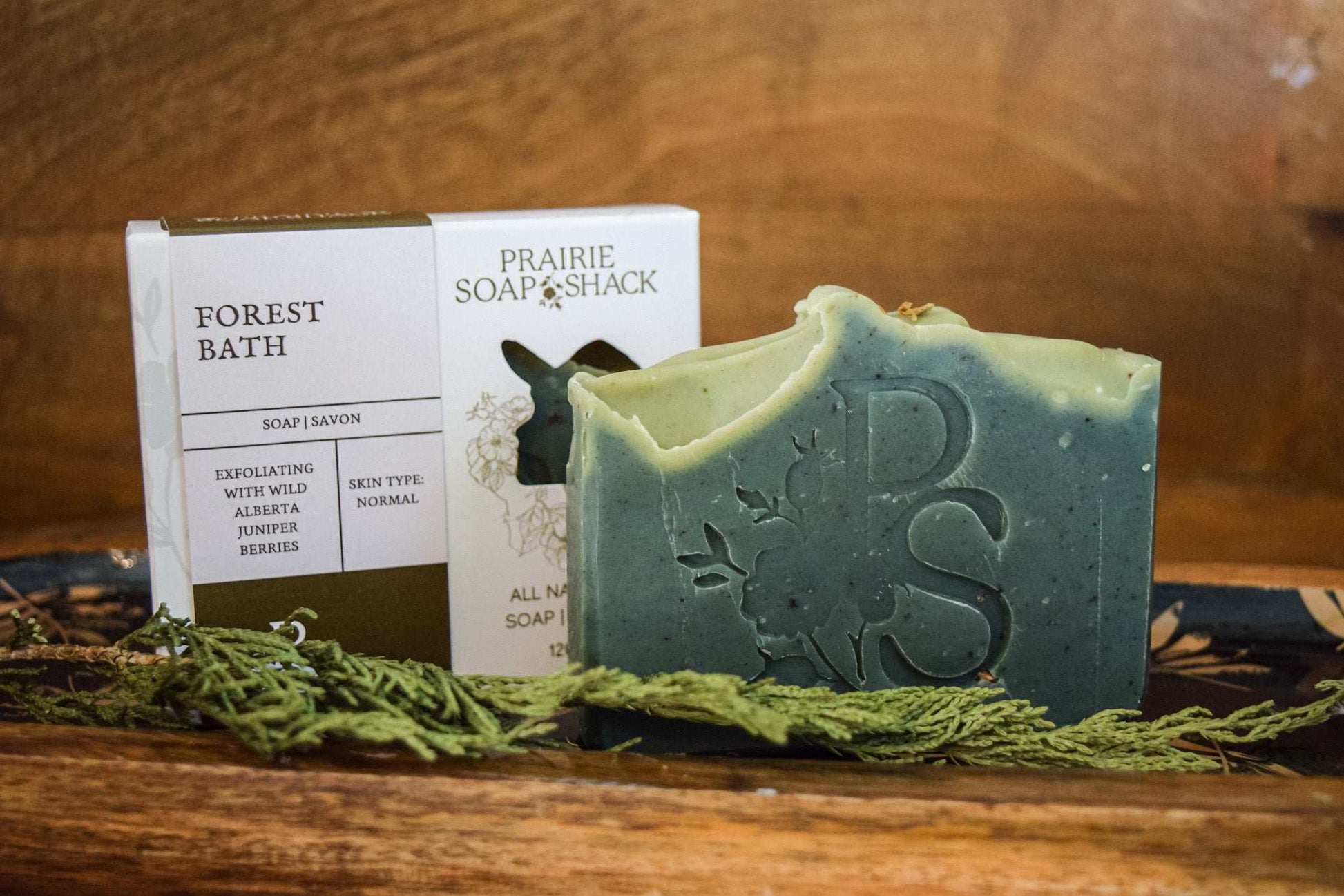 Natural forest bath artisan soap close-up showing handcrafted botanical detail