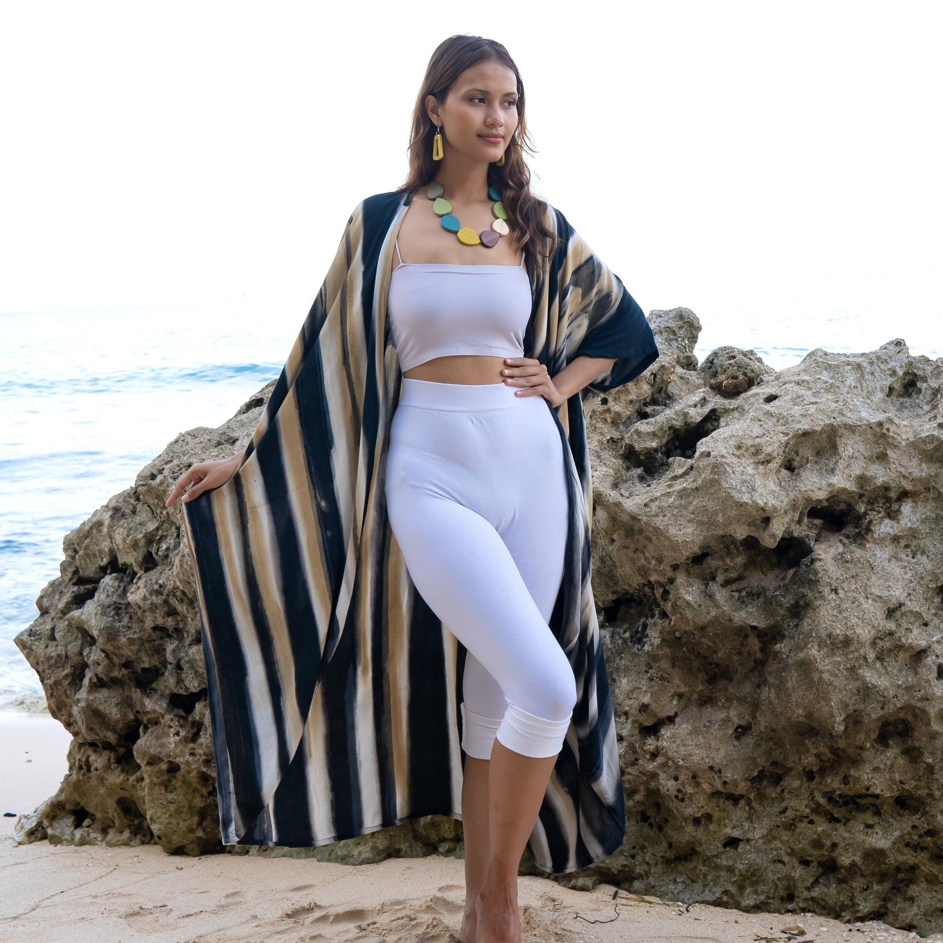 Handmade bold abstract kimono grey gold Bali artisan clothing