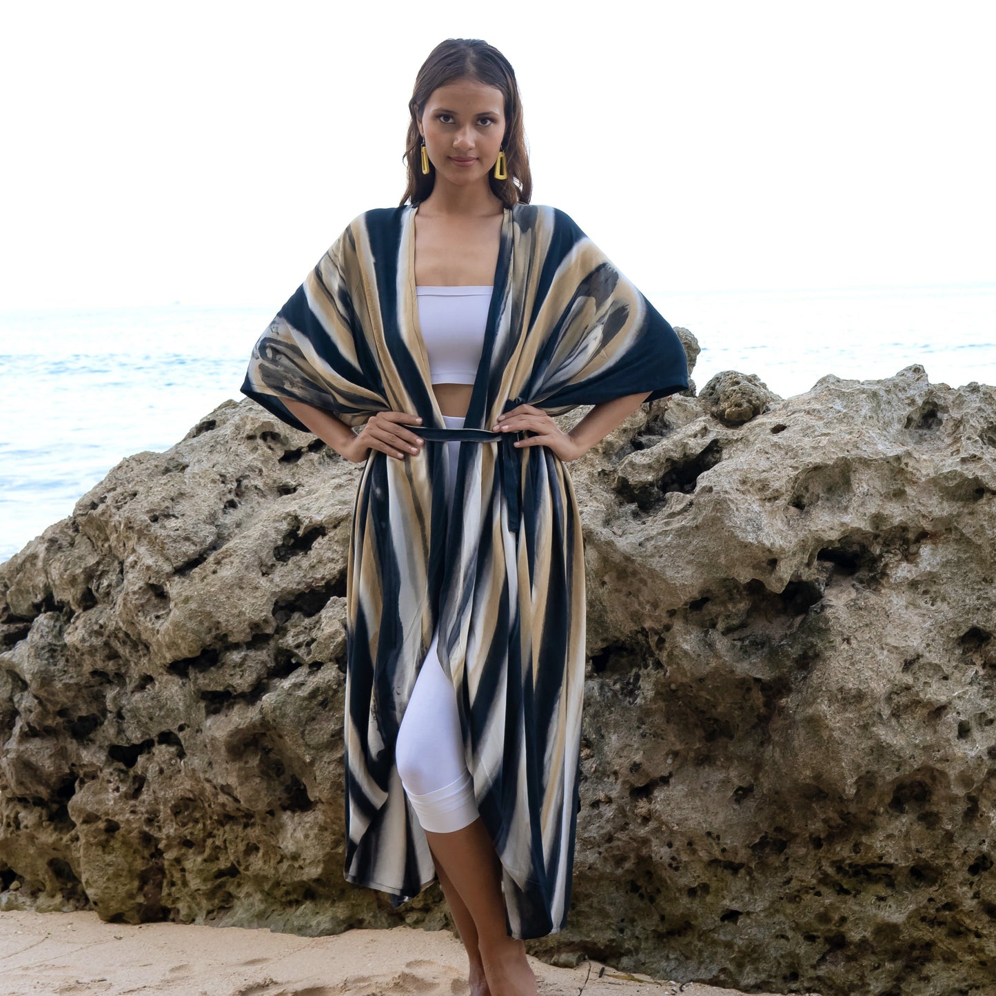 Grey and gold tie dye kimono boho festival wear closed view