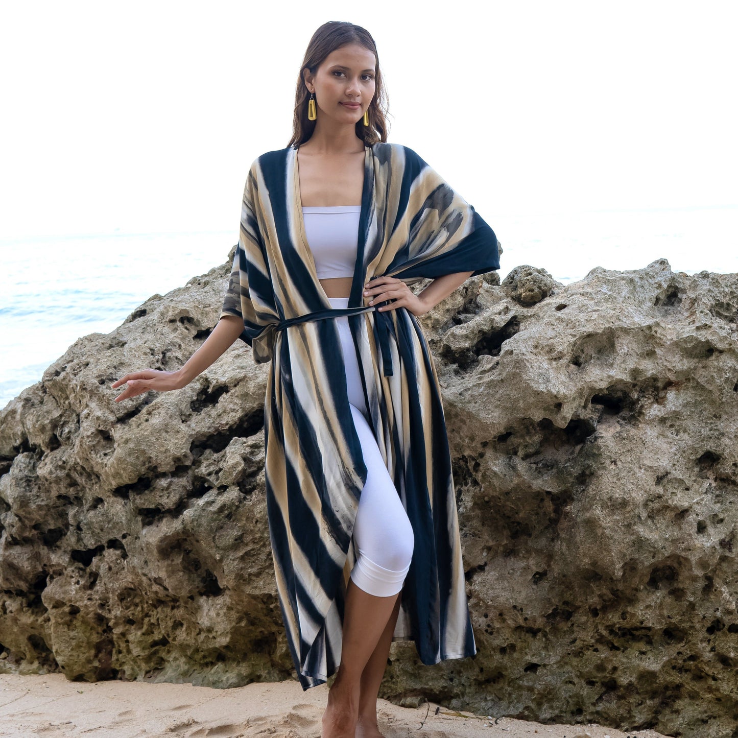 Grey and gold bold abstract tie dye long kimono Bali handmade boho