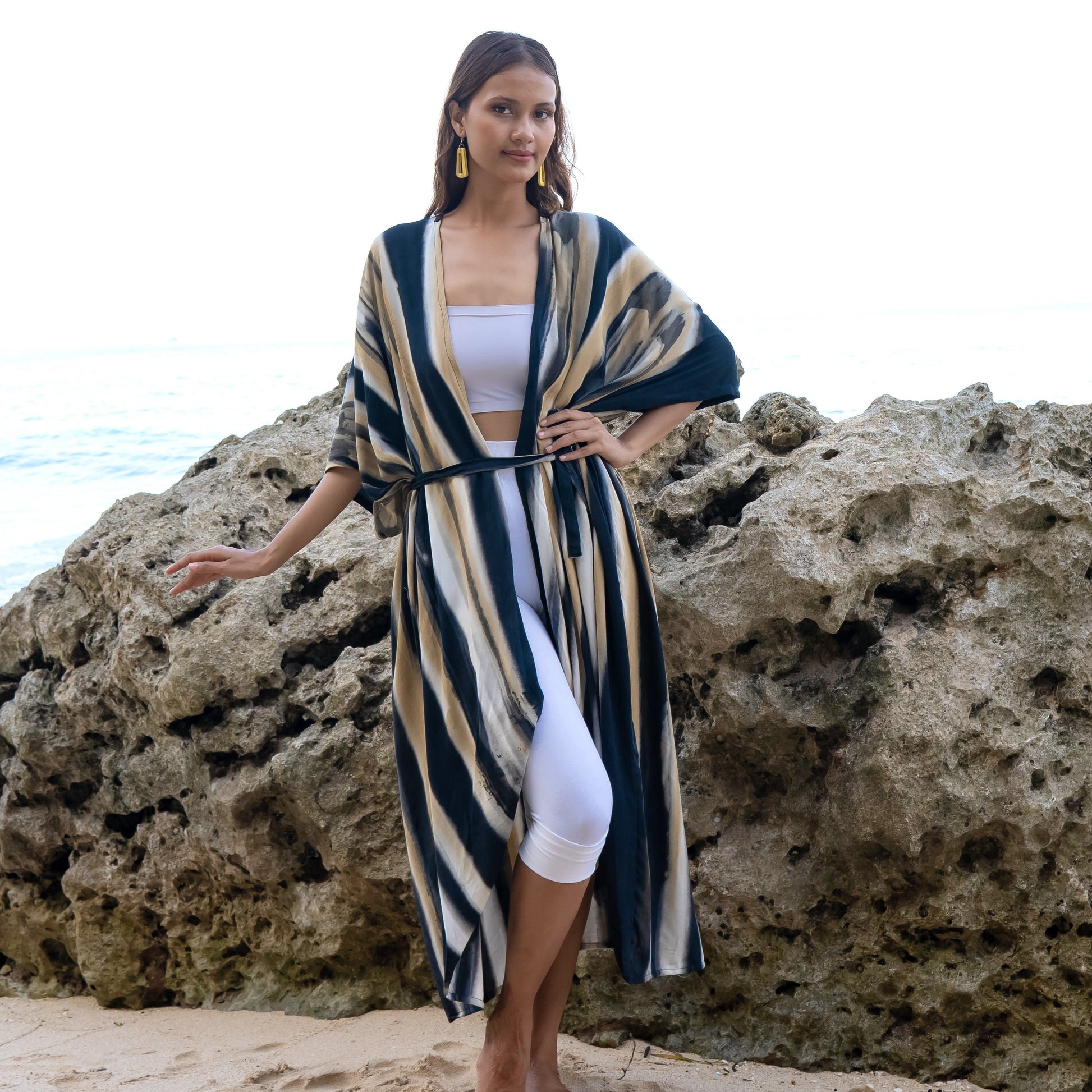 Grey and gold bold abstract tie dye long kimono Bali handmade boho