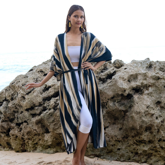 Grey and gold bold abstract tie dye long kimono Bali handmade boho