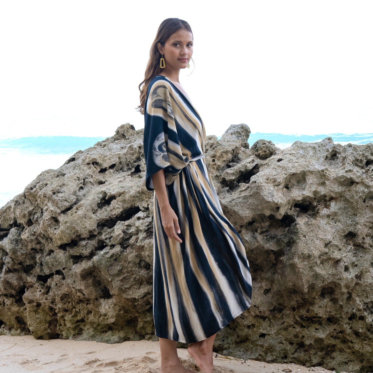 Grey gold abstract tie dye kimono open front beach cover up side view