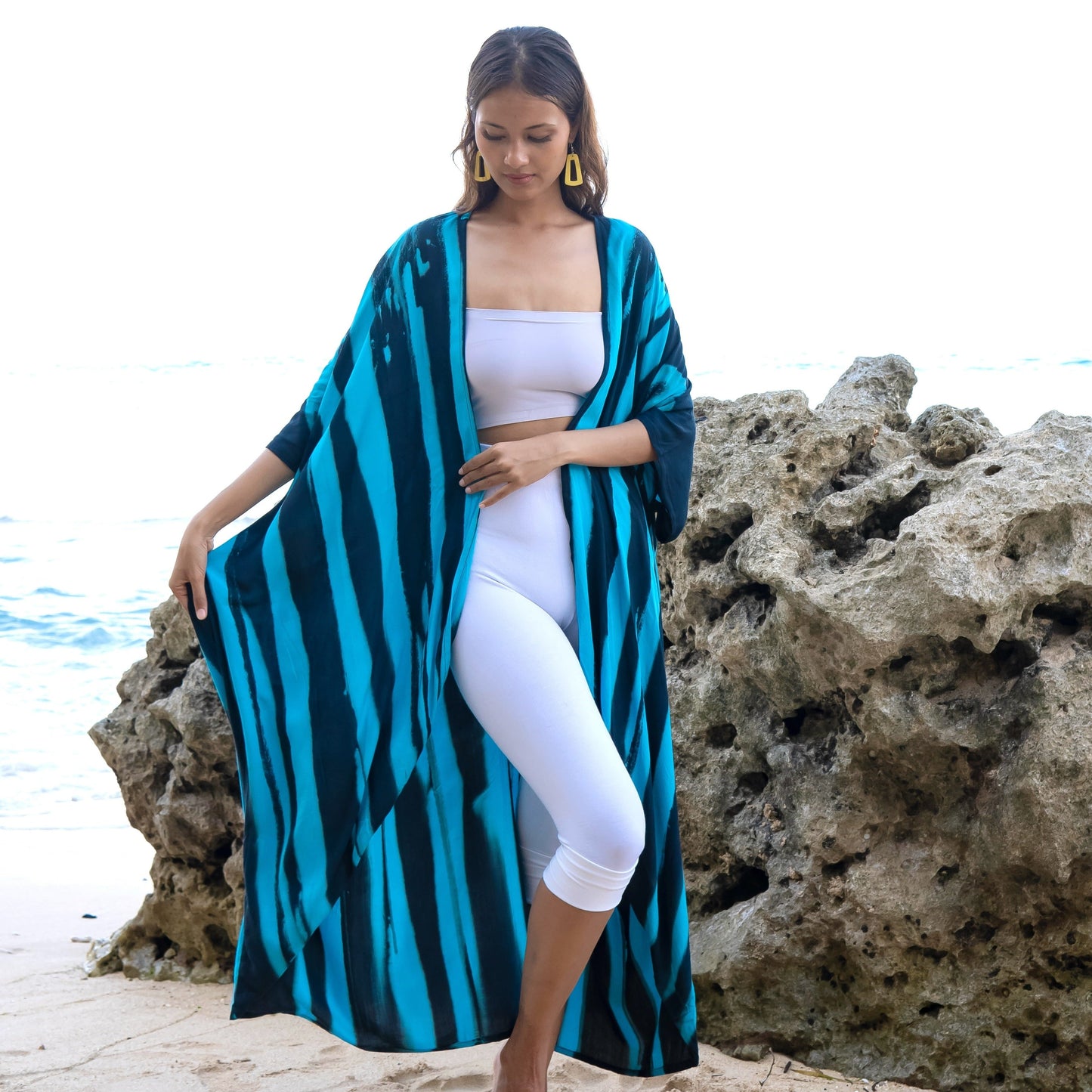 Handmade bold abstract kimono teal black Bali artisan clothing
