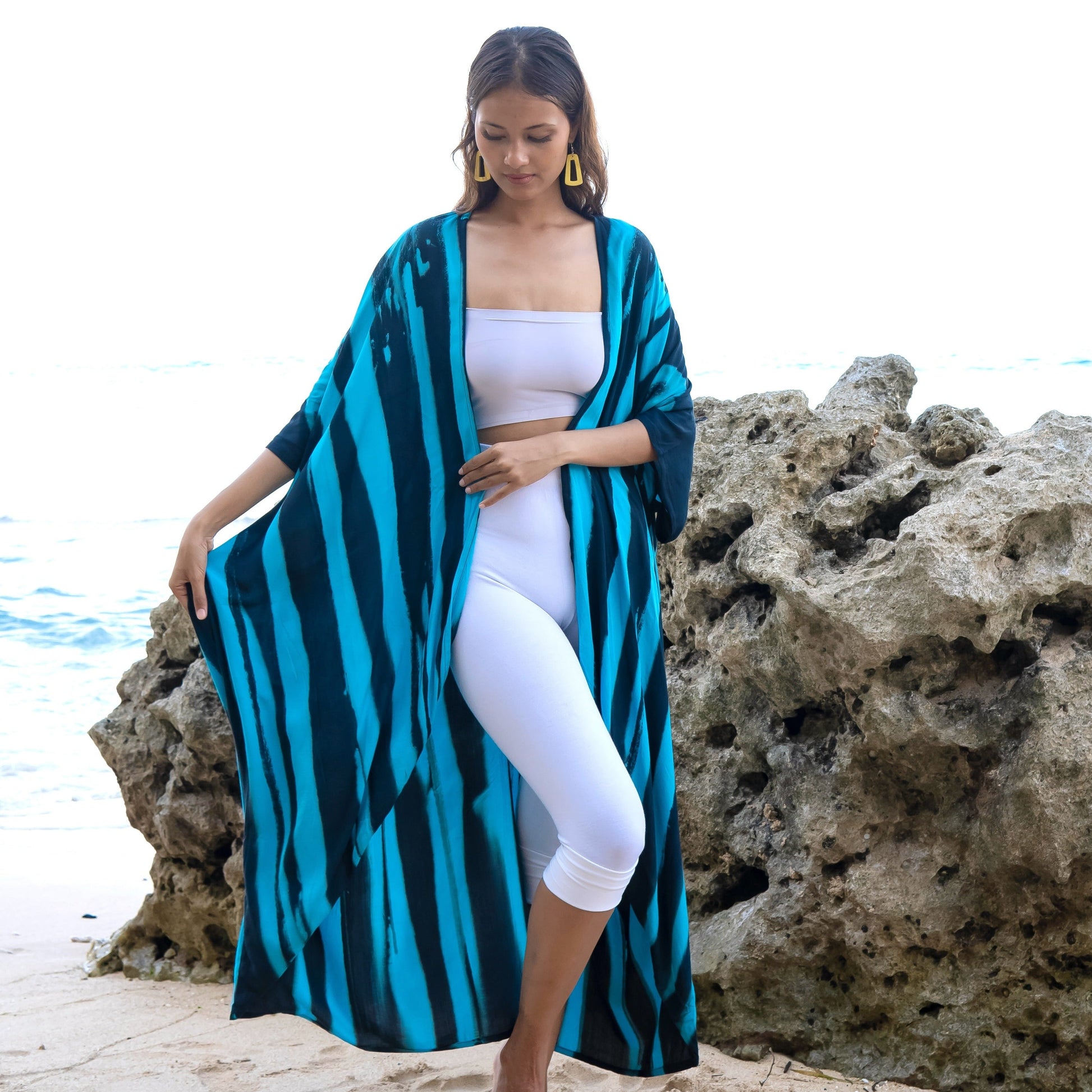 Handmade bold abstract kimono teal black Bali artisan clothing