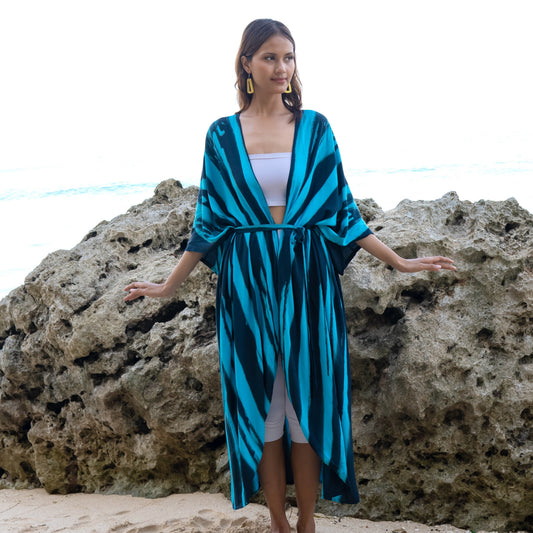 Teal and black bold abstract tie dye long kimono Bali handmade boho style clothing